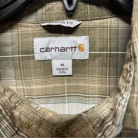 Carhartt Shirt Mens M Brown Red Plaid Button Up Short Sleeve Relaxed Cotton - Picture 3 of 5